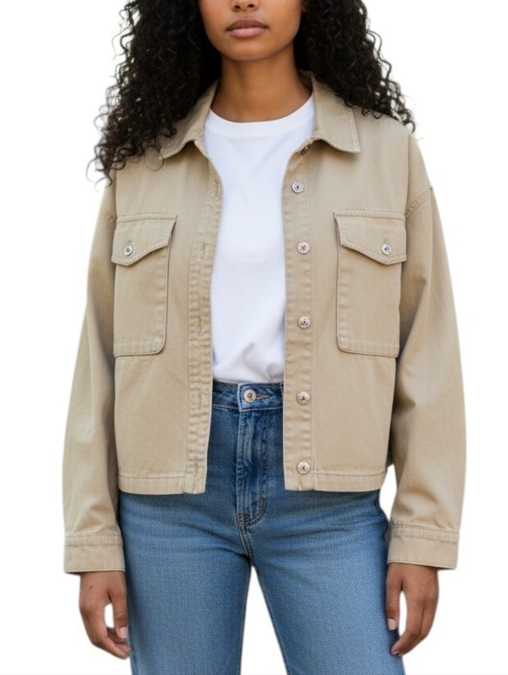 Kensie Beige Utility Button-Front Cropped Jacket Women's Long Sleeve Size S